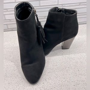 Maurices Black Faux Suede Booties Tassel Zipper Pulls, 3 inch stacked heels